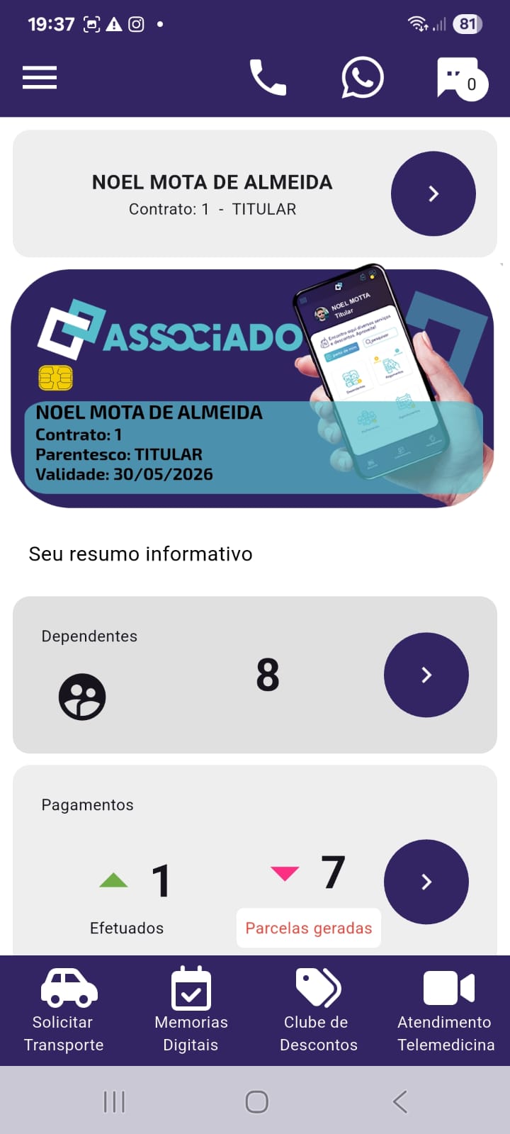 Tela inicial Associado App